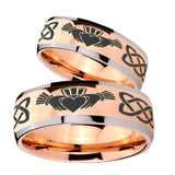 Bride and Groom Irish Claddagh Dome Rose Gold Tungsten Personalized Ring Set
