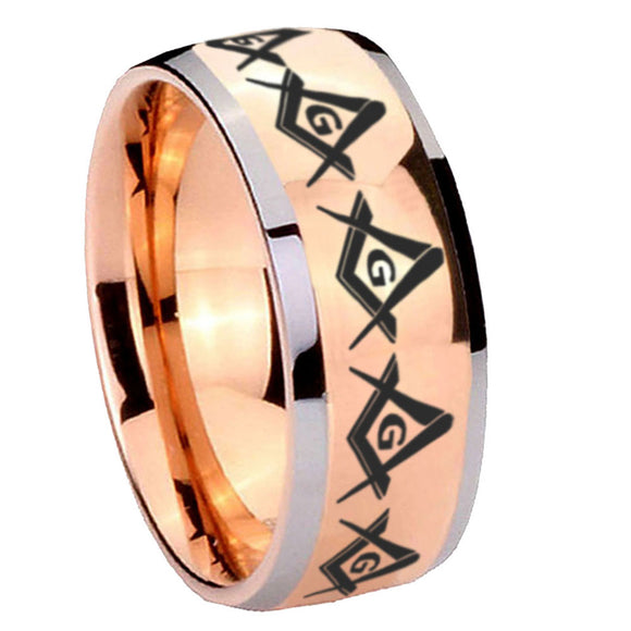 8mm Masonic Square and Compass Dome Rose Gold Tungsten Carbide Custom Mens Ring
