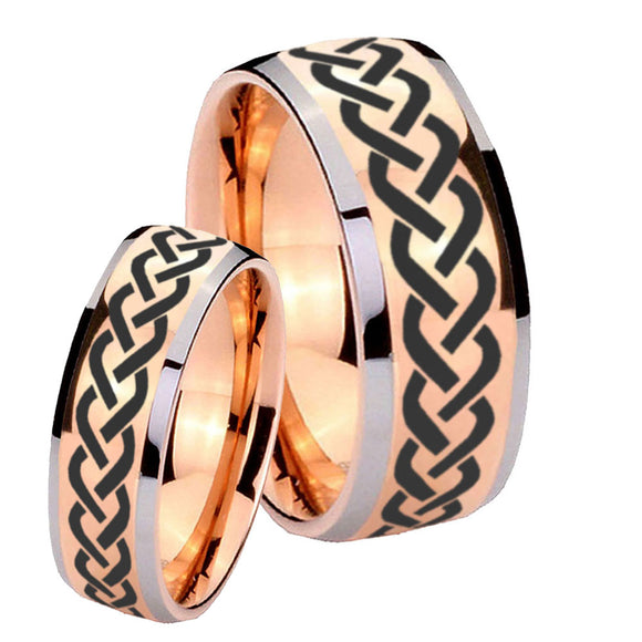Bride and Groom Laser Celtic Knot Dome Rose Gold Tungsten Engraved Ring Set