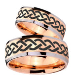 Bride and Groom Laser Celtic Knot Dome Rose Gold Tungsten Engraved Ring Set