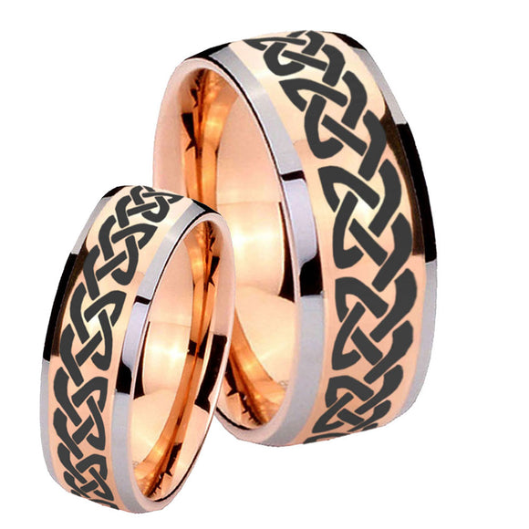 Bride and Groom Celtic Knot Love Dome Rose Gold Tungsten Engraved Ring Set