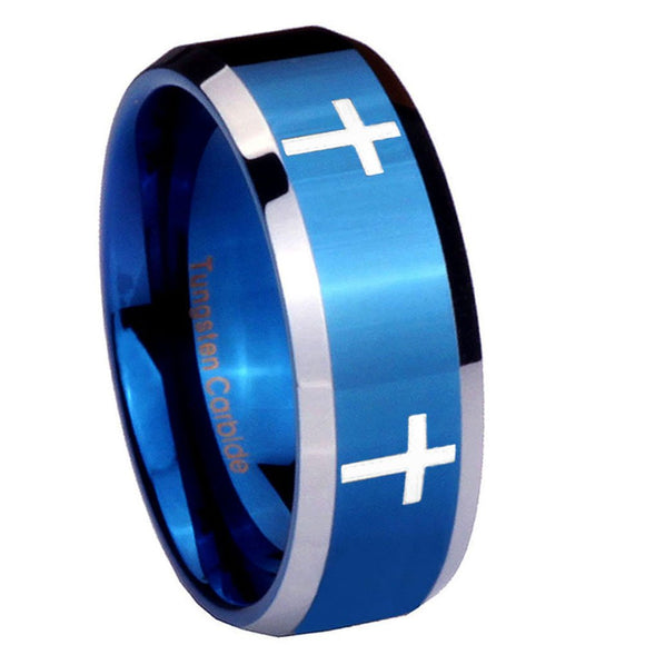 8mm Crosses Beveled Edges Blue 2 Tone Tungsten Carbide Bands Ring