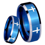 8mm Crosses Beveled Edges Blue 2 Tone Tungsten Carbide Bands Ring