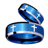His Hers Crosses Beveled Edges Blue 2 Tone Tungsten Engagement Ring Set