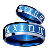 His Hers Roman Numeral Beveled Edges Blue 2 Tone Tungsten Men's Ring Set
