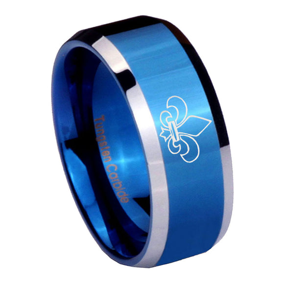 10mm Fleur De Lis Beveled Edges Blue 2 Tone Tungsten Men's Engagement Ring