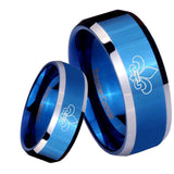 8mm Fleur De Lis Beveled Edges Blue 2 Tone Tungsten Mens Ring Engraved