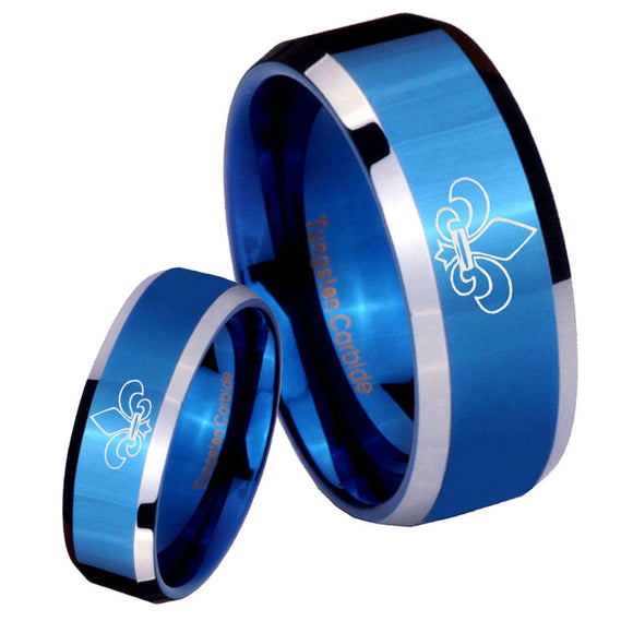 His Hers Fleur De Lis Beveled Blue 2 Tone Tungsten Men's Wedding Band Set