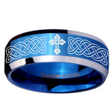 10mm Celtic Cross Beveled Edges Blue 2 Tone Tungsten Mens Ring Personalized