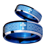 His Hers Celtic Cross Beveled Edges Blue 2 Tone Tungsten Mens Ring Set