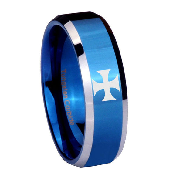 8mm Maltese Cross Beveled Edges Blue 2 Tone Tungsten Mens Ring Personalized