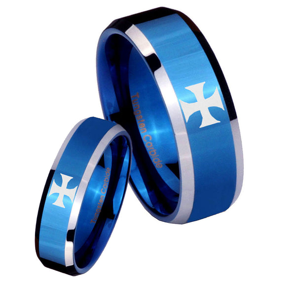 His Hers Maltese Cross Beveled Edges Blue 2 Tone Tungsten Mens Wedding Ring Set