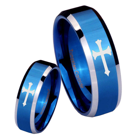 His Hers Christian Cross Beveled Edges Blue 2 Tone Tungsten Ring Set