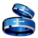 His Hers Christian Cross Beveled Edges Blue 2 Tone Tungsten Ring Set