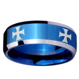 10mm 4 Maltese Cross Beveled Edges Blue 2 Tone Tungsten Mens Anniversary Ring