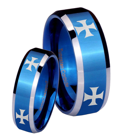 His Hers 4 Maltese Cross Beveled Blue 2 Tone Tungsten Custom Ring for Men Set