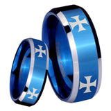 8mm 4 Maltese Cross Beveled Edges Blue 2 Tone Tungsten Anniversary Ring