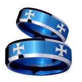 His Hers 4 Maltese Cross Beveled Blue 2 Tone Tungsten Custom Ring for Men Set