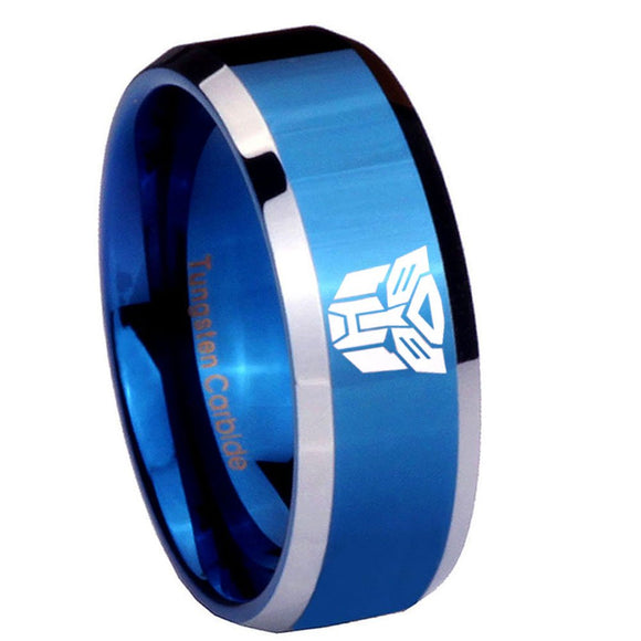 8mm Transformers Autobot Beveled Edges Blue 2 Tone Tungsten Engraved Ring