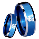 8mm Transformers Autobot Beveled Edges Blue 2 Tone Tungsten Engraved Ring
