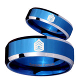 His Hers Army Sergeant Major Beveled Blue 2 Tone Tungsten Men's Wedding Ring Set