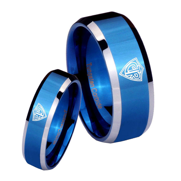 His and Hers CTR Beveled Edges Blue 2 Tone Tungsten Engraved Ring Set