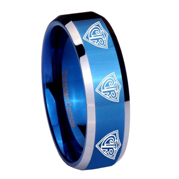 8mm Multiple CTR Beveled Edges Blue 2 Tone Tungsten Carbide Personalized Ring