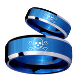 His Hers Skull Beveled Edges Blue 2 Tone Tungsten Mens Engagement Band Set