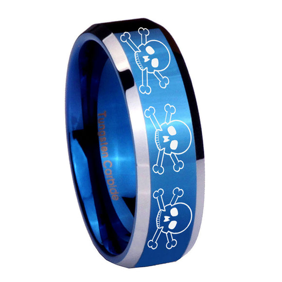 10mm Multiple Skull Beveled Edges Blue 2 Tone Tungsten Wedding Band Ring