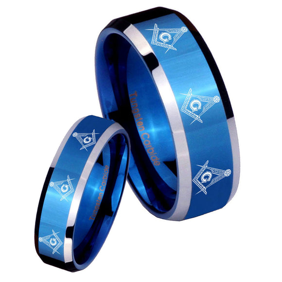 His Hers Multiple Master Mason Beveled Blue 2 Tone Tungsten Rings Set