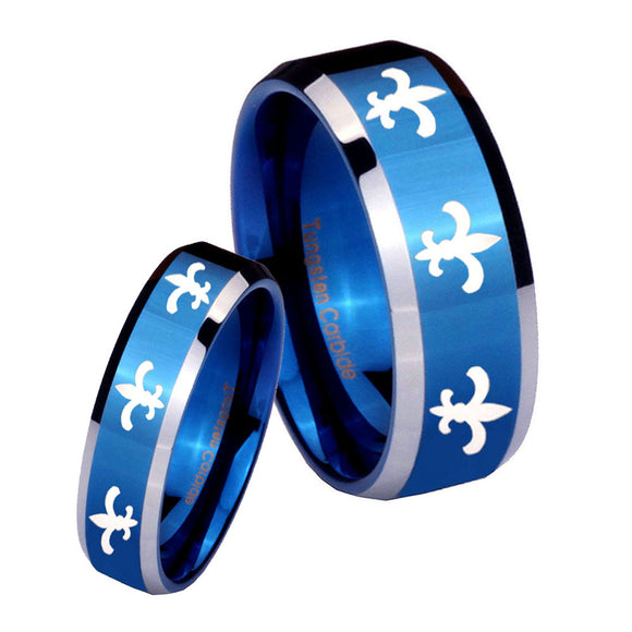 His Hers Multiple Fleur De Lis Beveled Blue 2 Tone Tungsten Men's Ring Set