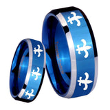 8mm Multiple Fleur De Lis Beveled Blue 2 Tone Tungsten Custom Ring for Men