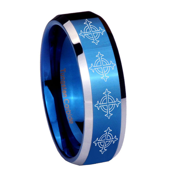 10mm Multiple Crosses Beveled Edges Blue 2 Tone Tungsten Mens Wedding Ring