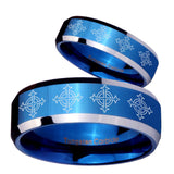 His Hers Multiple Crosses Beveled Blue 2 Tone Tungsten Wedding Ring Set