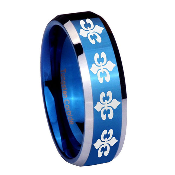 8mm Multiple Fleur De Lis Beveled Edges Blue 2 Tone Tungsten Promise Ring