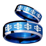 His Hers Multiple Fleur De Lis Beveled Blue 2 Tone Tungsten Rings Set