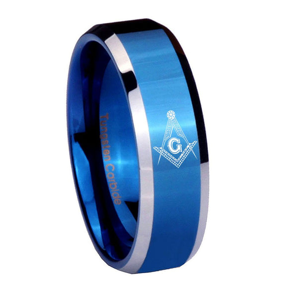 8mm Master Mason Masonic Beveled Edges Blue 2 Tone Tungsten Wedding Band Ring