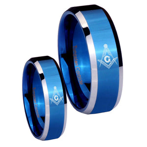 His Hers Master Mason Masonic Beveled Blue 2 Tone Tungsten Engraving Ring Set