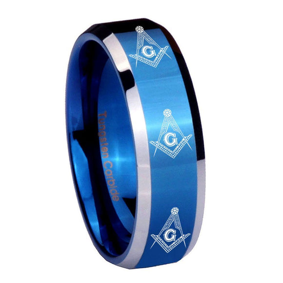 8mm Multiple Master Mason Masonic Beveled Blue 2 Tone Tungsten Personalized Ring