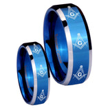 His Hers Multiple Master Mason Masonic Beveled Blue 2 Tone Tungsten Men Rings Set