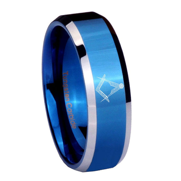 8mm Masonic Beveled Edges Blue 2 Tone Tungsten Carbide Mens Wedding Ring