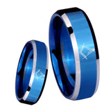 8mm Masonic Beveled Edges Blue 2 Tone Tungsten Carbide Mens Wedding Ring