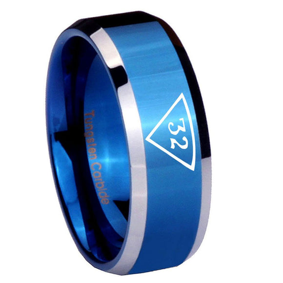 8mm Masonic 32 Triangle Freemason Beveled Edges Blue 2 Tone Tungsten Carbide Bands Ring