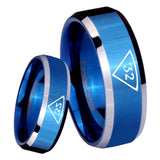 8mm Masonic 32 Triangle Freemason Beveled Edges Blue 2 Tone Tungsten Carbide Bands Ring