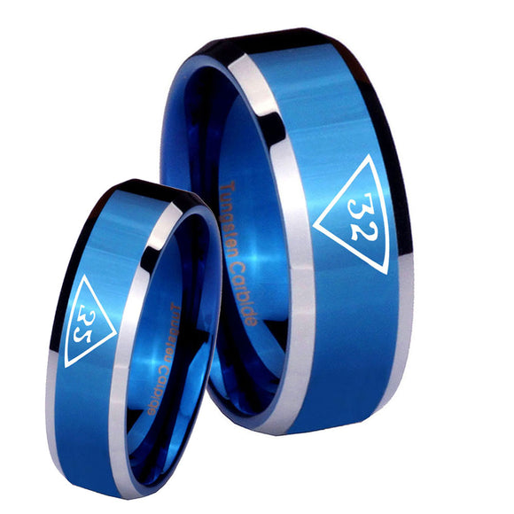 His Hers Masonic 32 Triangle Freemason Beveled Edges Blue 2 Tone Tungsten Engagement Ring Set
