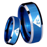 8mm Masonic 32 Triangle Design Freemason Beveled Edges Blue 2 Tone Tungsten Carbide Bands Ring