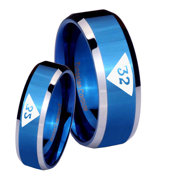 His Hers Masonic 32 Triangle Design Freemason Beveled Edges Blue 2 Tone Tungsten Engagement Ring Set