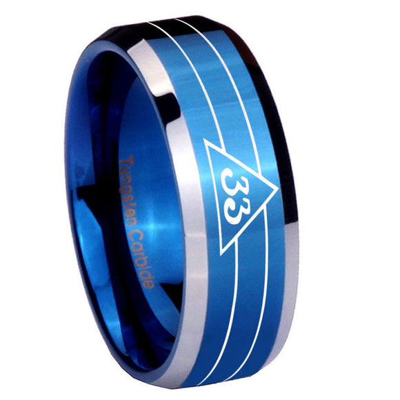 8mm Masonic 32 Duo Line Freemason Beveled Edges Blue 2 Tone Tungsten Carbide Bands Ring