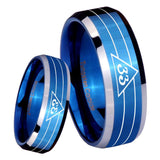 8mm Masonic 32 Duo Line Freemason Beveled Edges Blue 2 Tone Tungsten Carbide Bands Ring