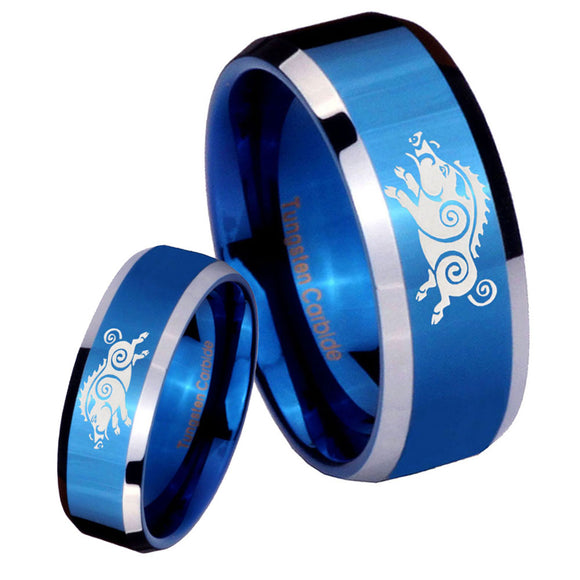 His Hers Wild Boar Beveled Blue 2 Tone Tungsten Men's Wedding Band Set